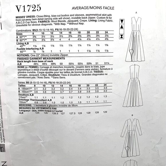 Vogue Sewing Pattern V1725 Asymmetrical Hem V Neck Long Dress B5 8 10 12 14 16 - Picture 5 of 6